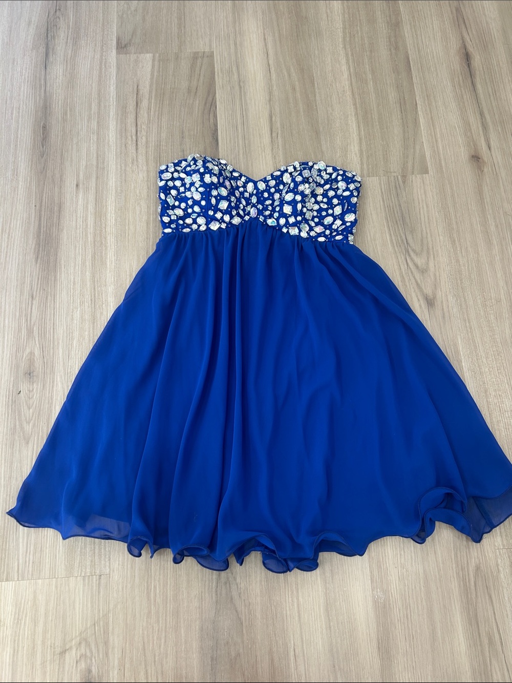 Deb Royal Blue Rhinestone Strapless Chiffon Dress Y2K Fits Modern 0 XS